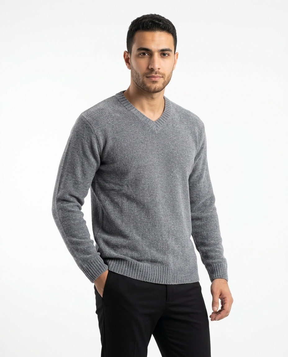 Men Plain Velour Pullover V Neck