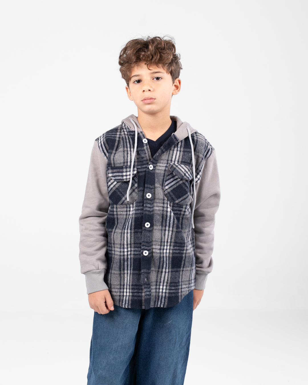 قميص كاروهات أولادي مع غطاء الرأس