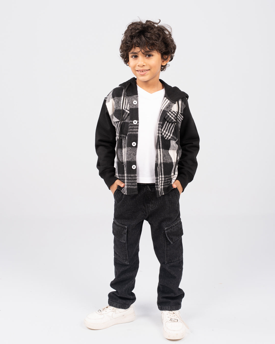 قميص كاروهات أولادي مع غطاء الرأس