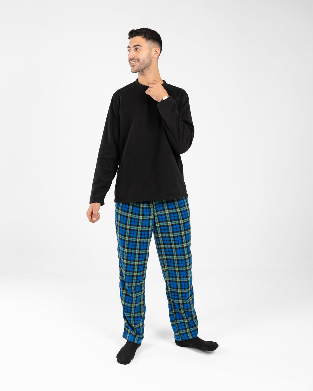 Men Pyjamas Plain Top and Plaid Pants