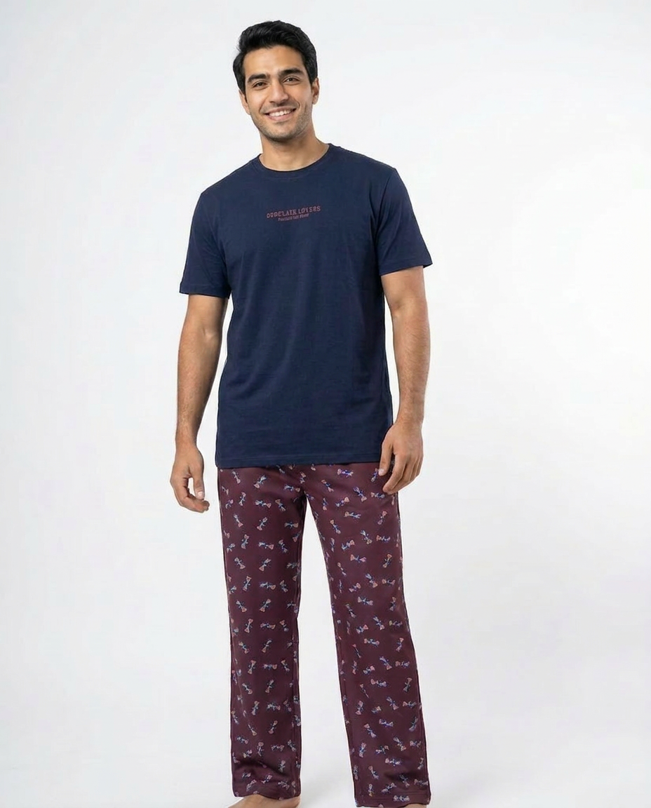 Men Plian Half Sleeves Top & Printed Pant Pyjama