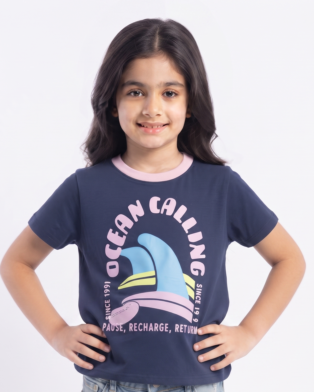 Girls Ptinted Ocean CallIng Half Sleeves T-shirt