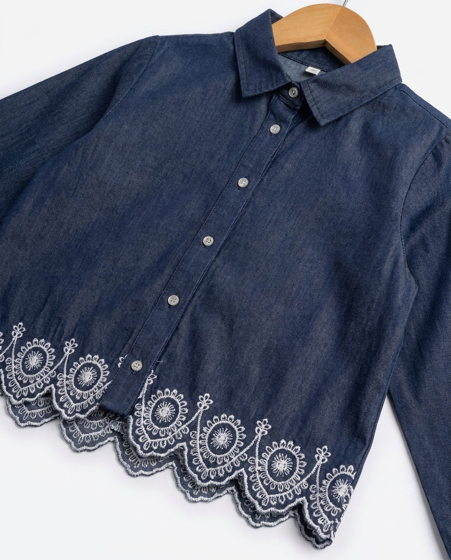 Girls Embroidred Long Sleeves Jeans Blouse