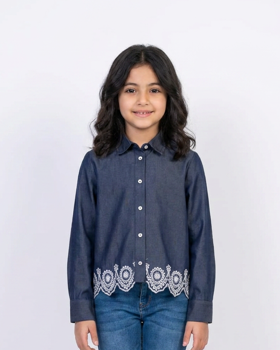 Girls Embroidred Long Sleeves Jeans Blouse