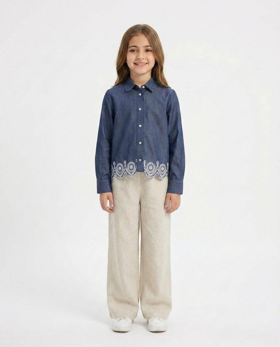 Girls Embroidred Long Sleeves Jeans Blouse