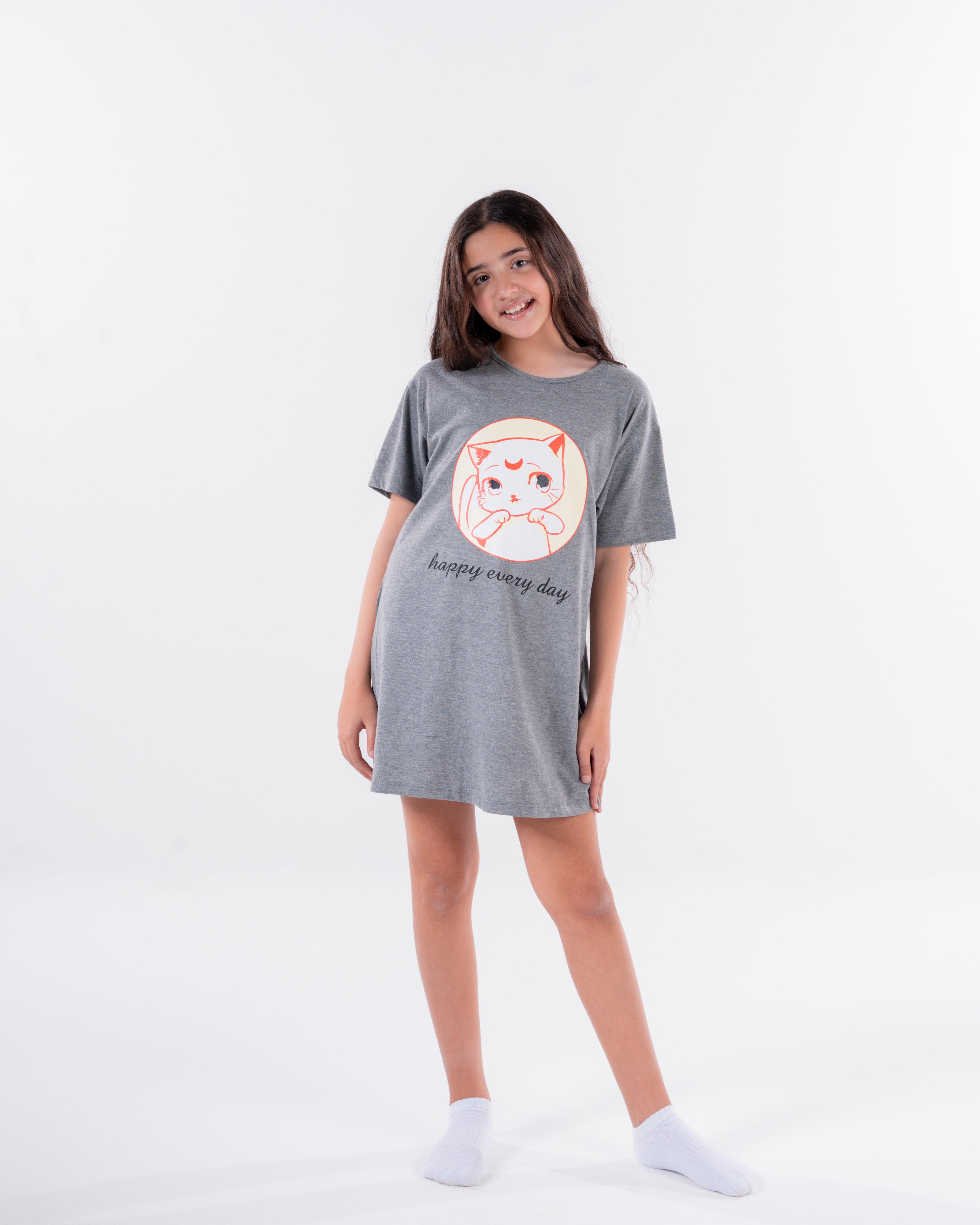 Girls Printed Cat Half Sleeves Nightgown