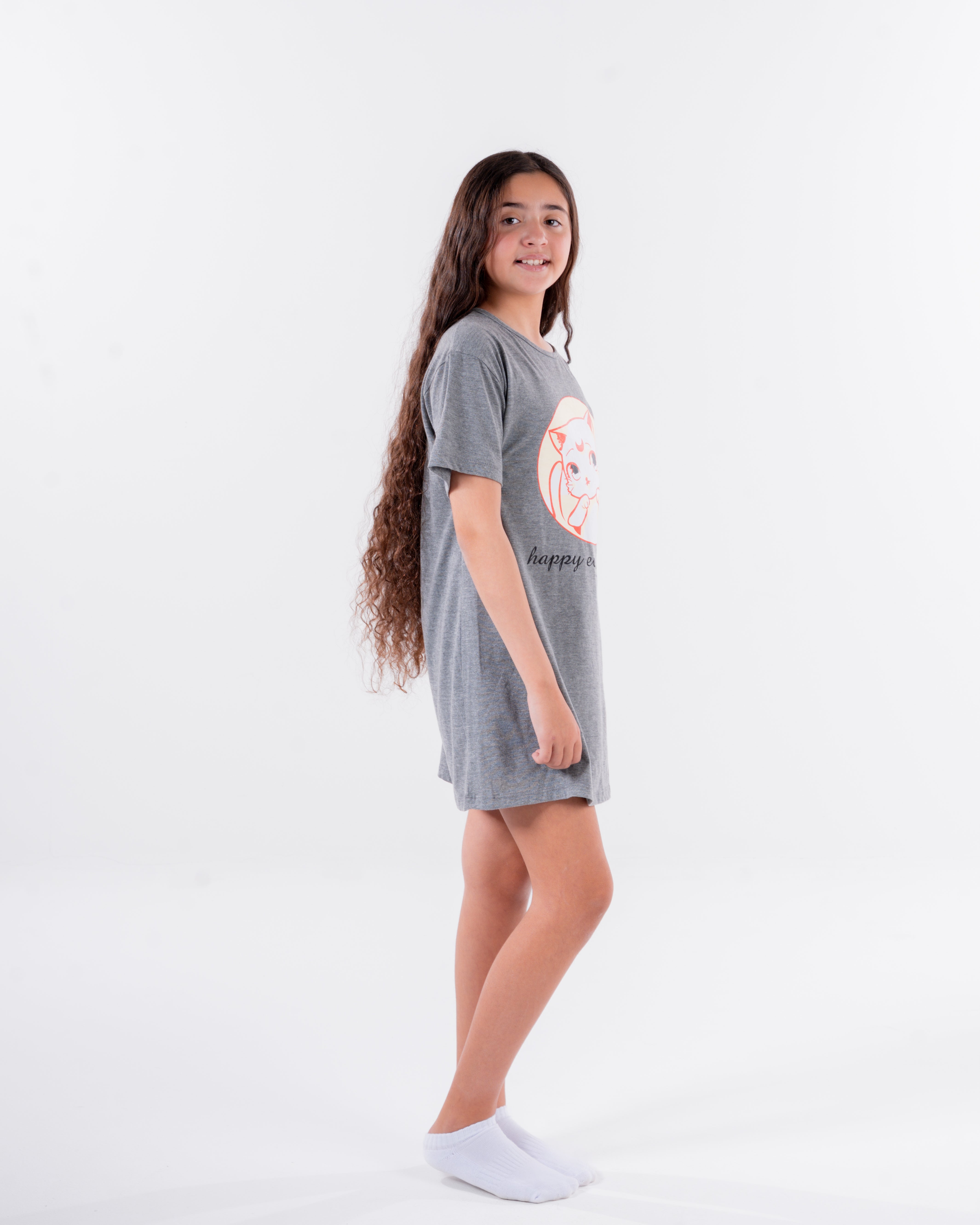 Girls Printed Cat Half Sleeves Nightgown