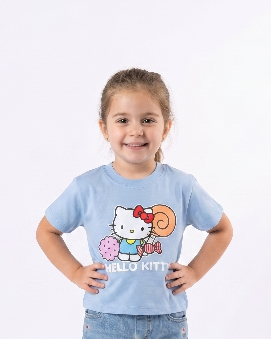 Girls Printed Kitty Half Sleeves T-shirt