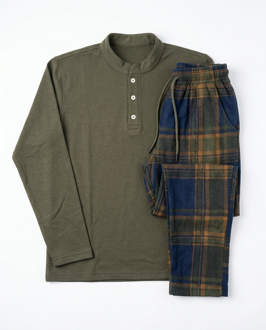 Men Plain Top Pyjama W/Plaid Pant