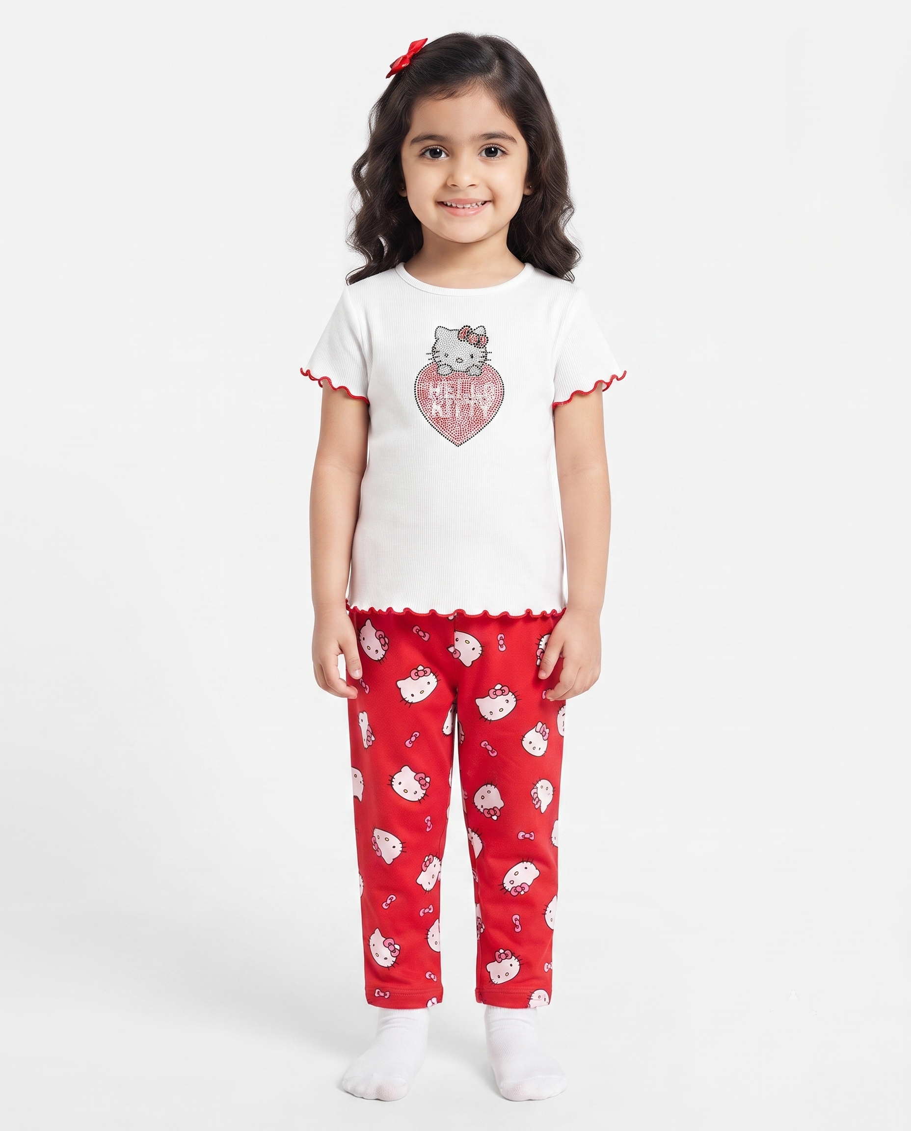 Girls Printed Kitty Half Sleeves Pyjama W/pant