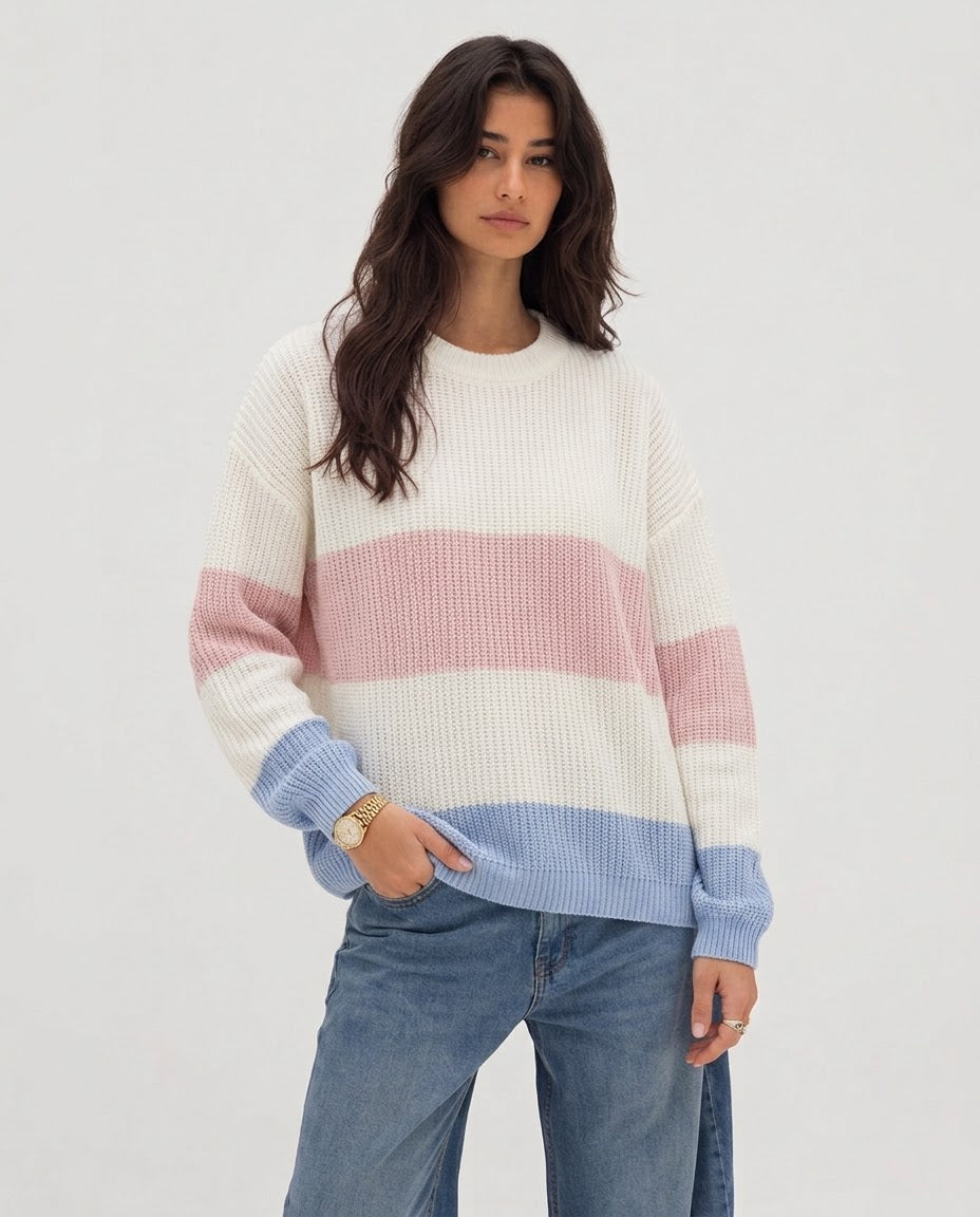 Women Stripped Pullover Round Neck