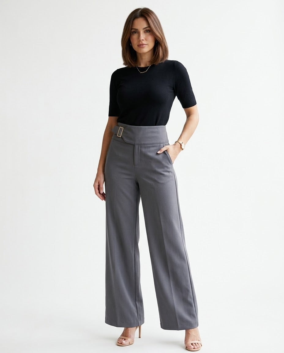 Wide Leg Trousers with Side Buckle