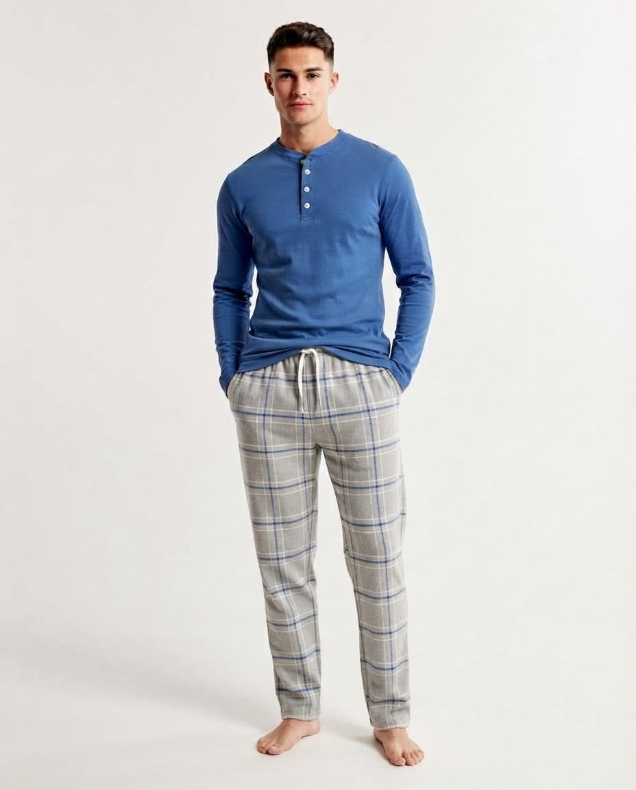 Men Long Sleeves Top W/Plaid Pant Pyjama
