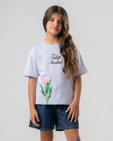 Girls Printed Flower Half Sleeves T-Shirt