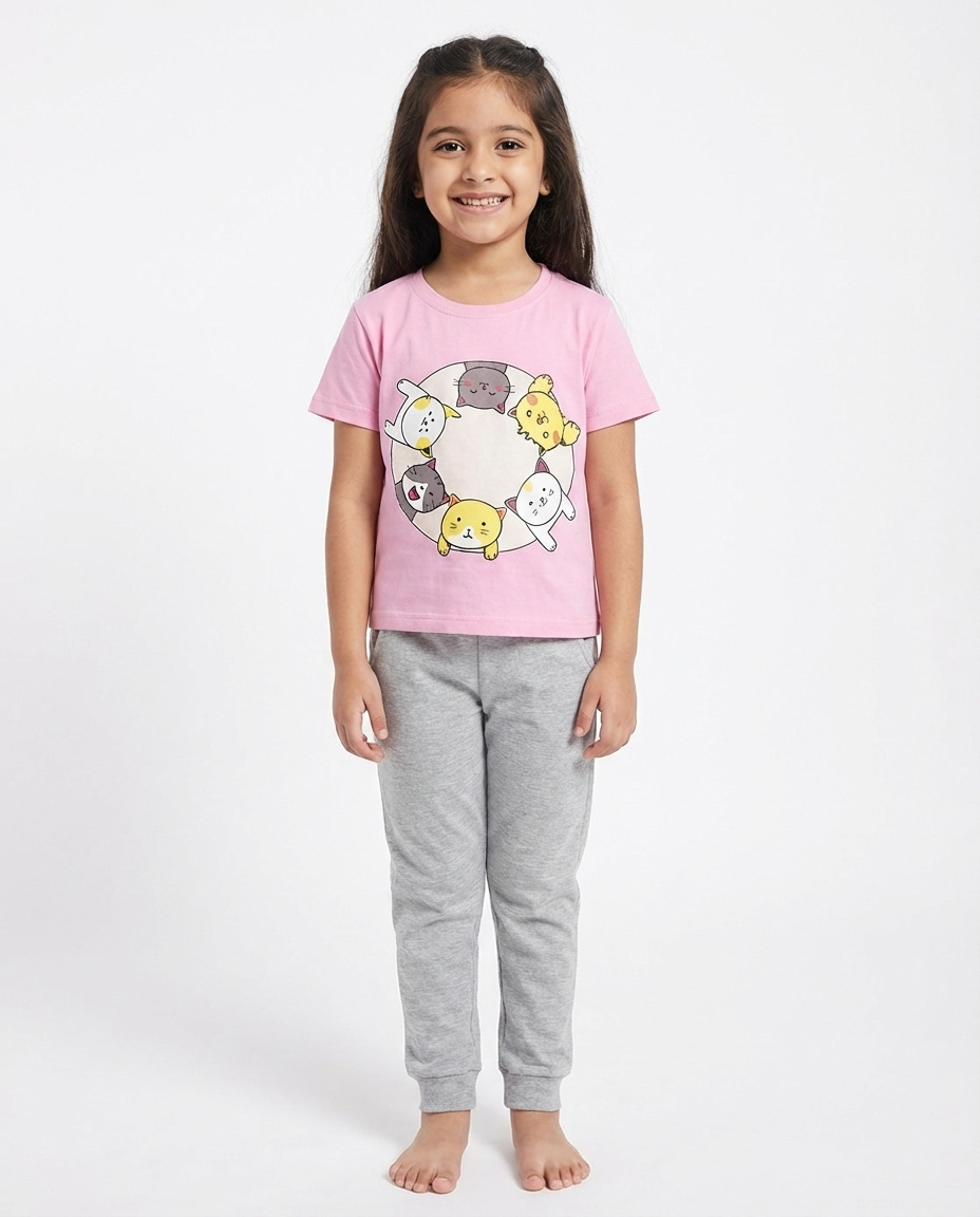 Girls Printed Cat Half Sleeves Pyjama