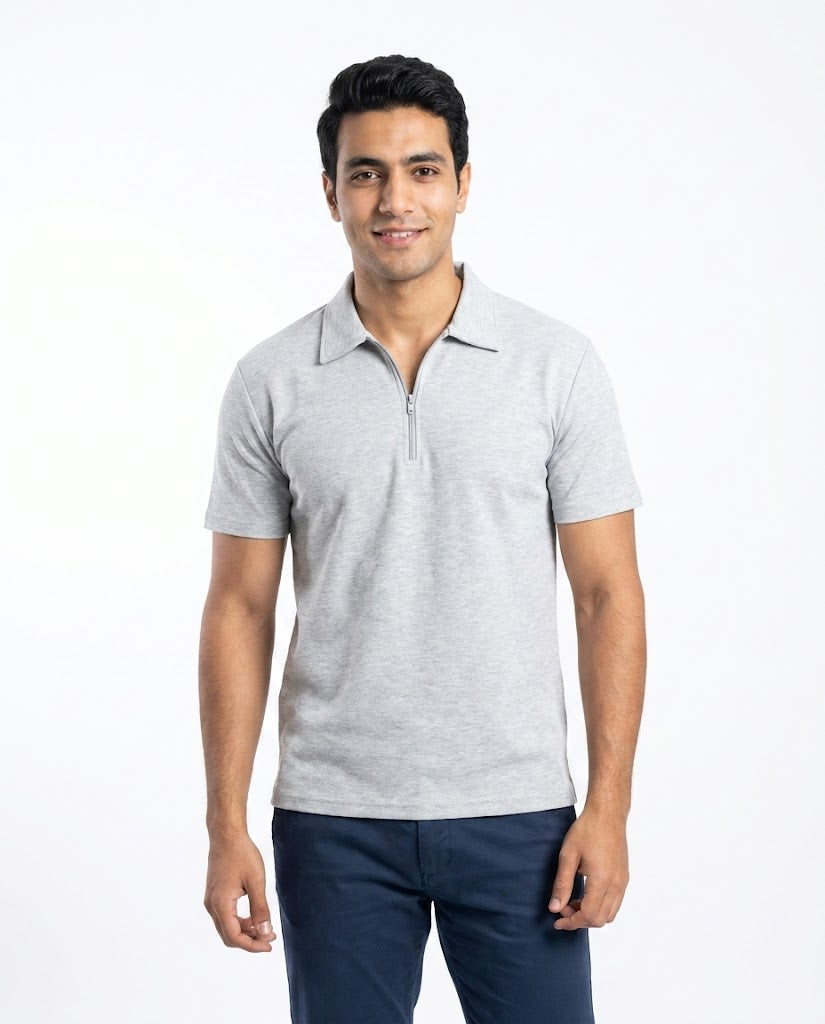 Men Plain Half Sleeves Polo T-shirt W/Zipper