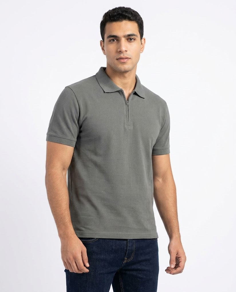 Men Plain Half Sleeves Polo T-shirt W/zipper