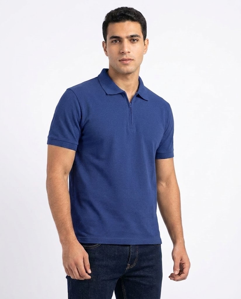 Men Plain Half Sleeves Polo T-shirt W/zipper
