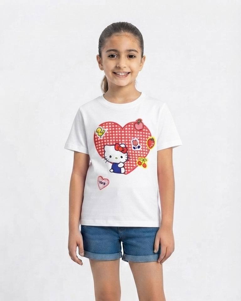 Girls Printed Kitty Half Sleeves T-shirt