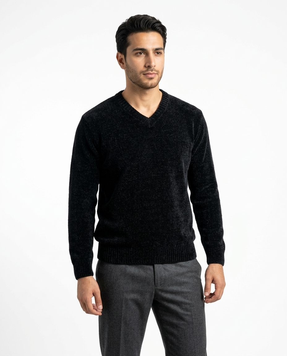 Men Plain Velour Pullover V Neck
