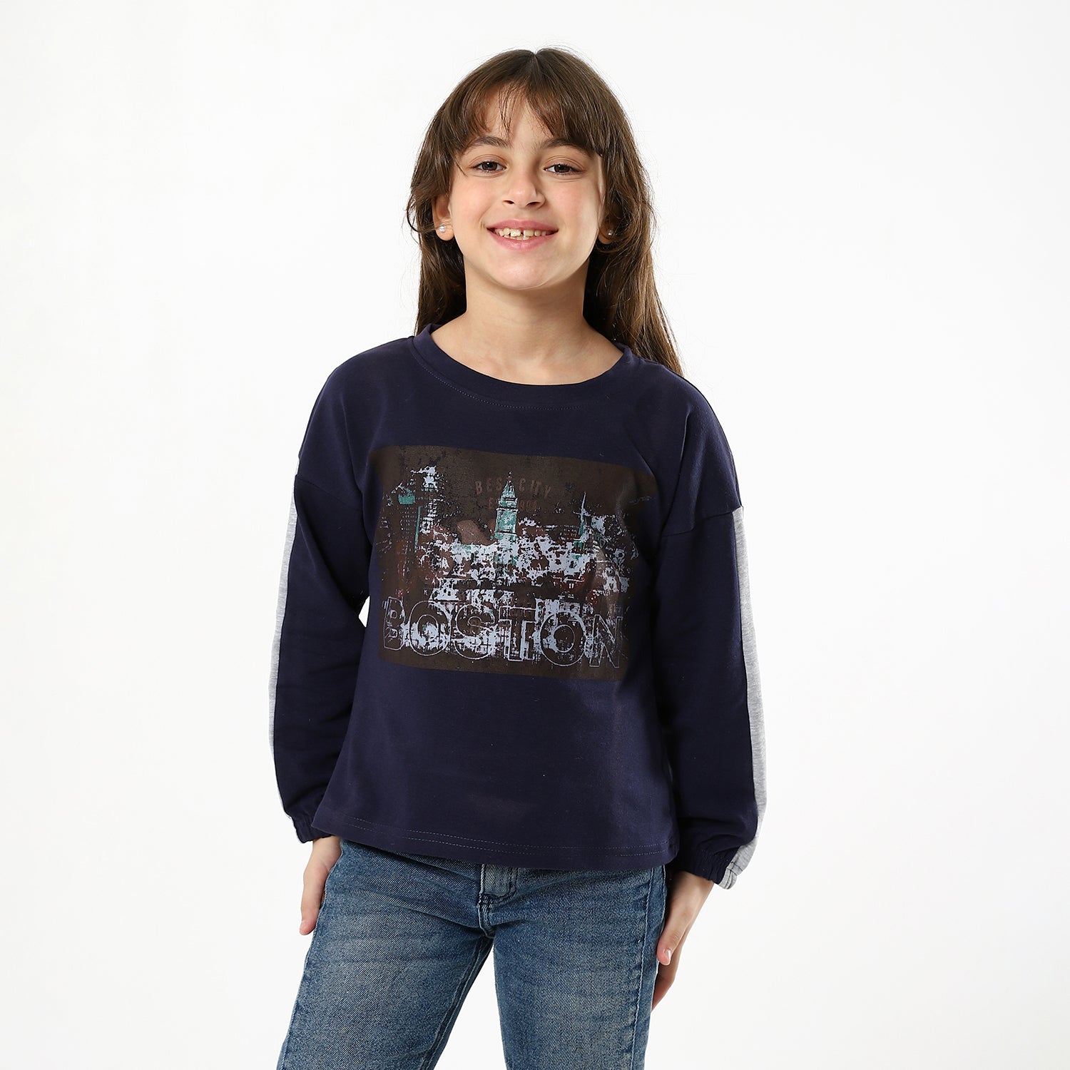 Girls Navy Printed Swearshirt