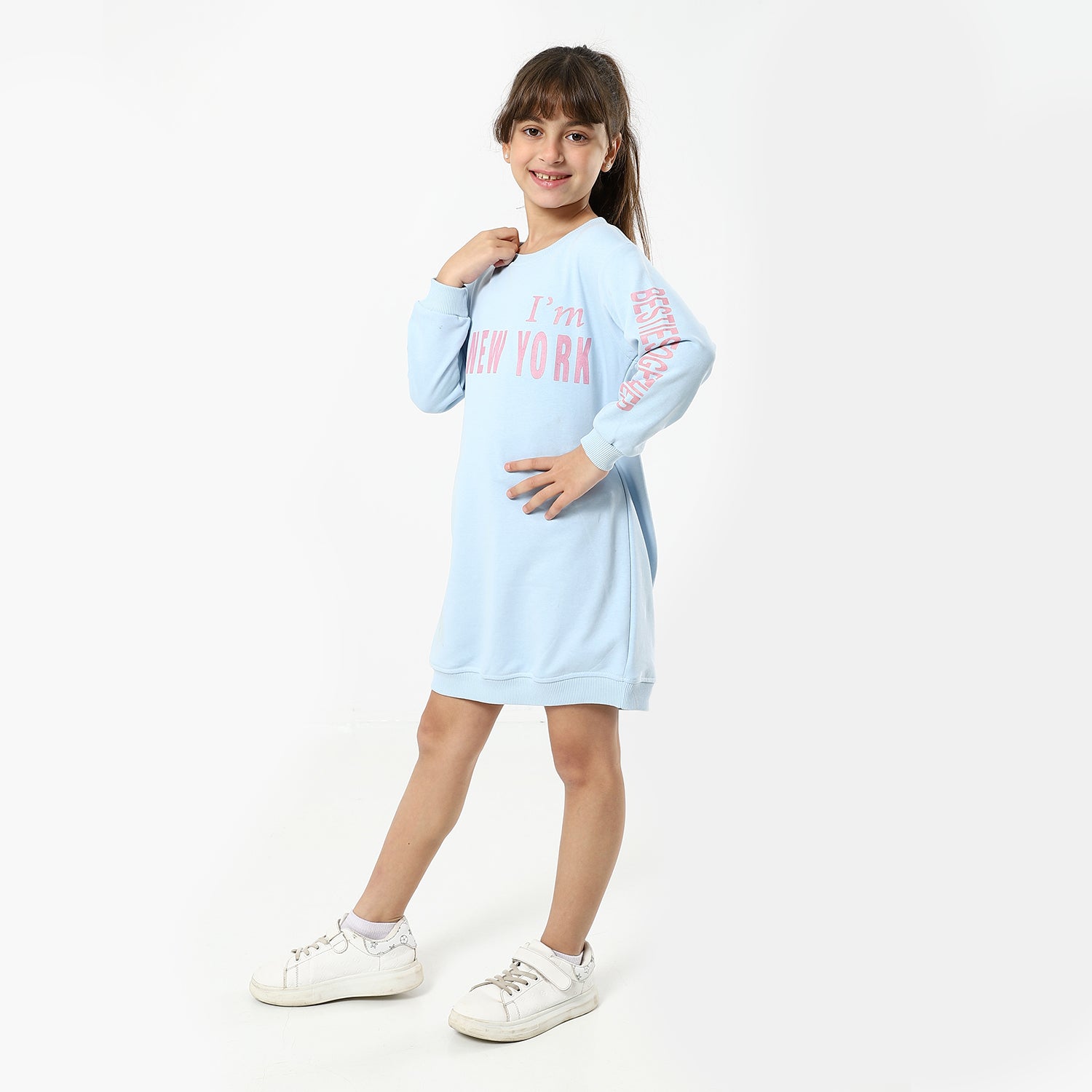 Printed Baby Blue Long Sleeve Drees