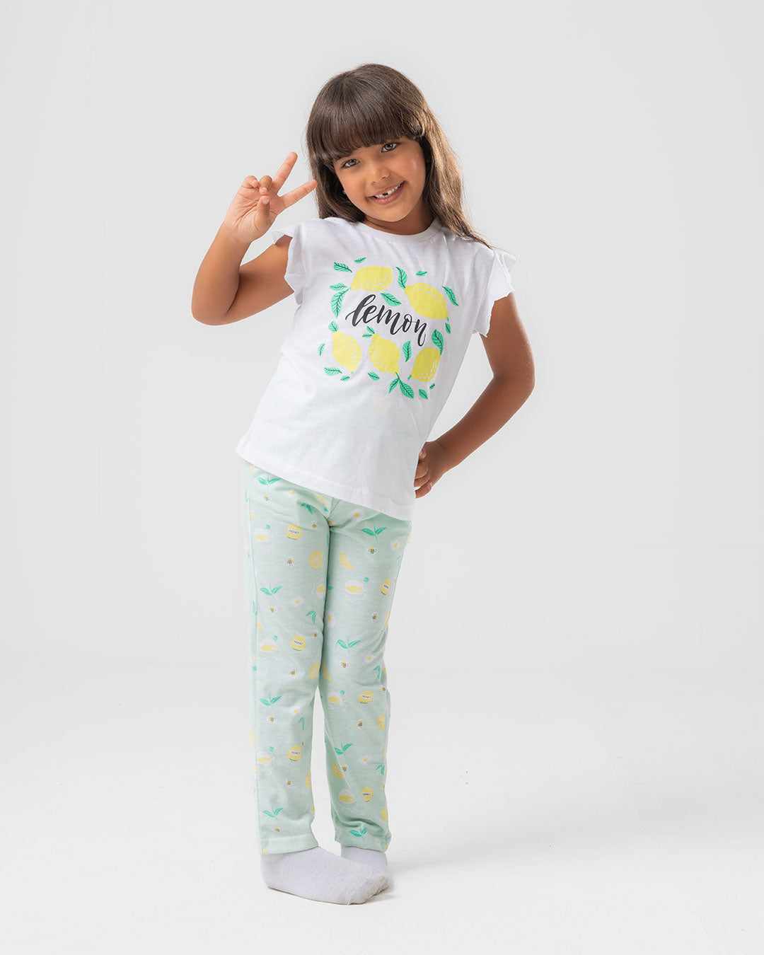 Lemon Printed Girls Pajama with Pants