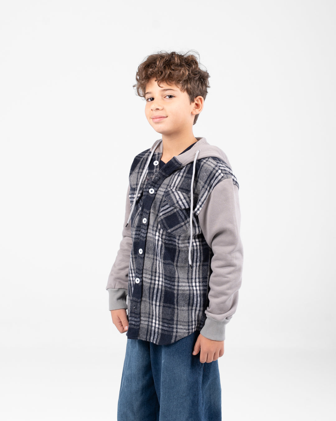 قميص كاروهات أولادي مع غطاء الرأس