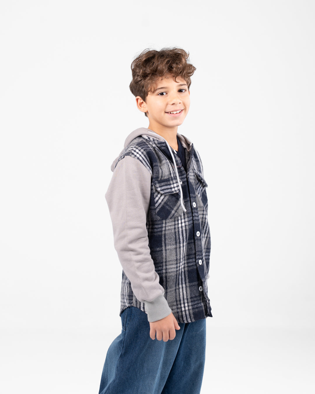 قميص كاروهات أولادي مع غطاء الرأس