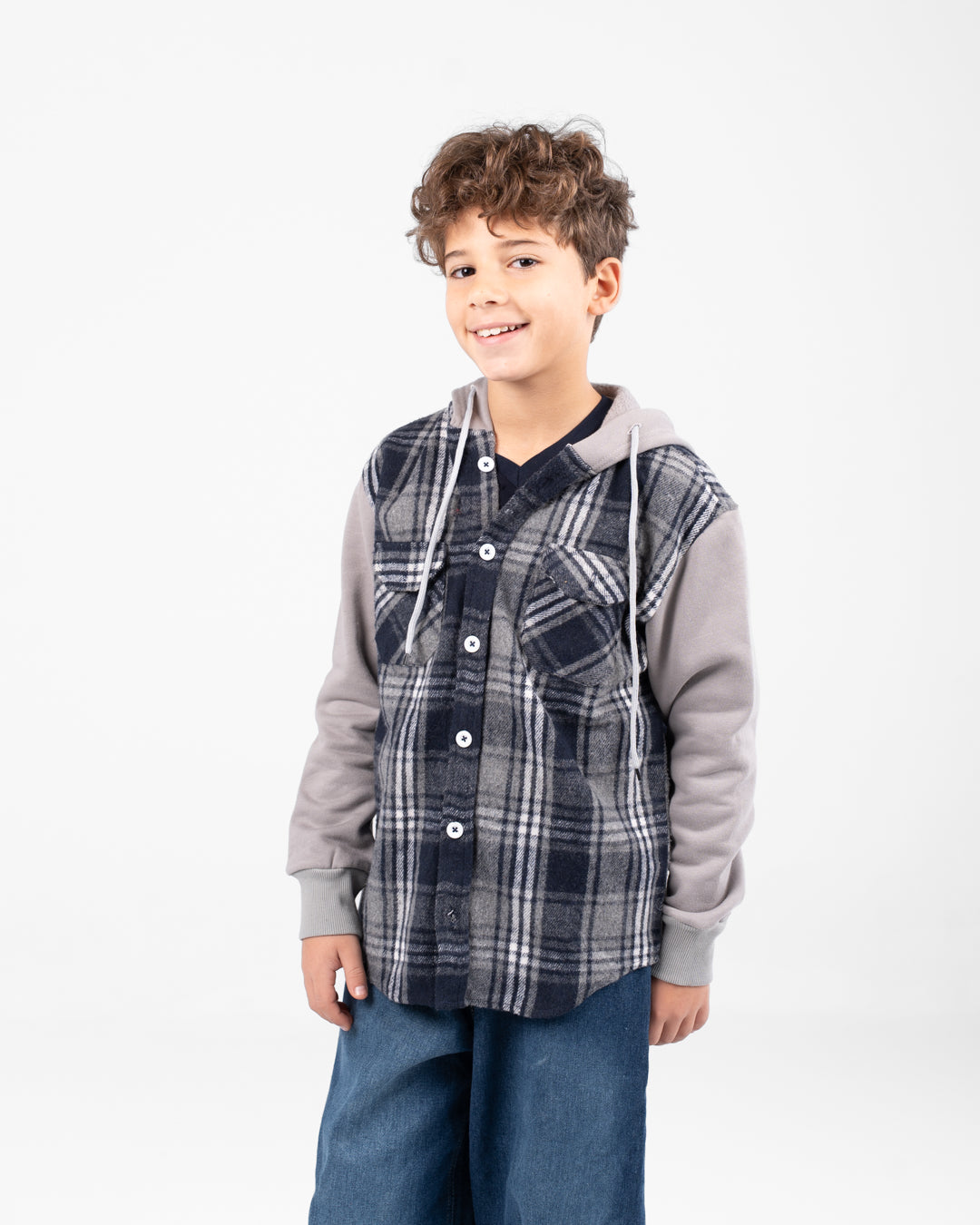 قميص كاروهات أولادي مع غطاء الرأس