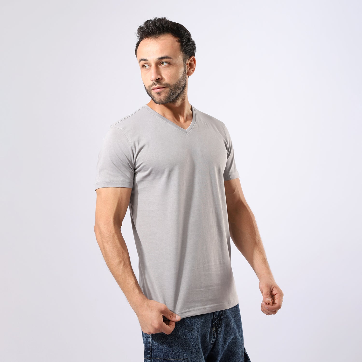 V Neck Plain Grey T-Shirt