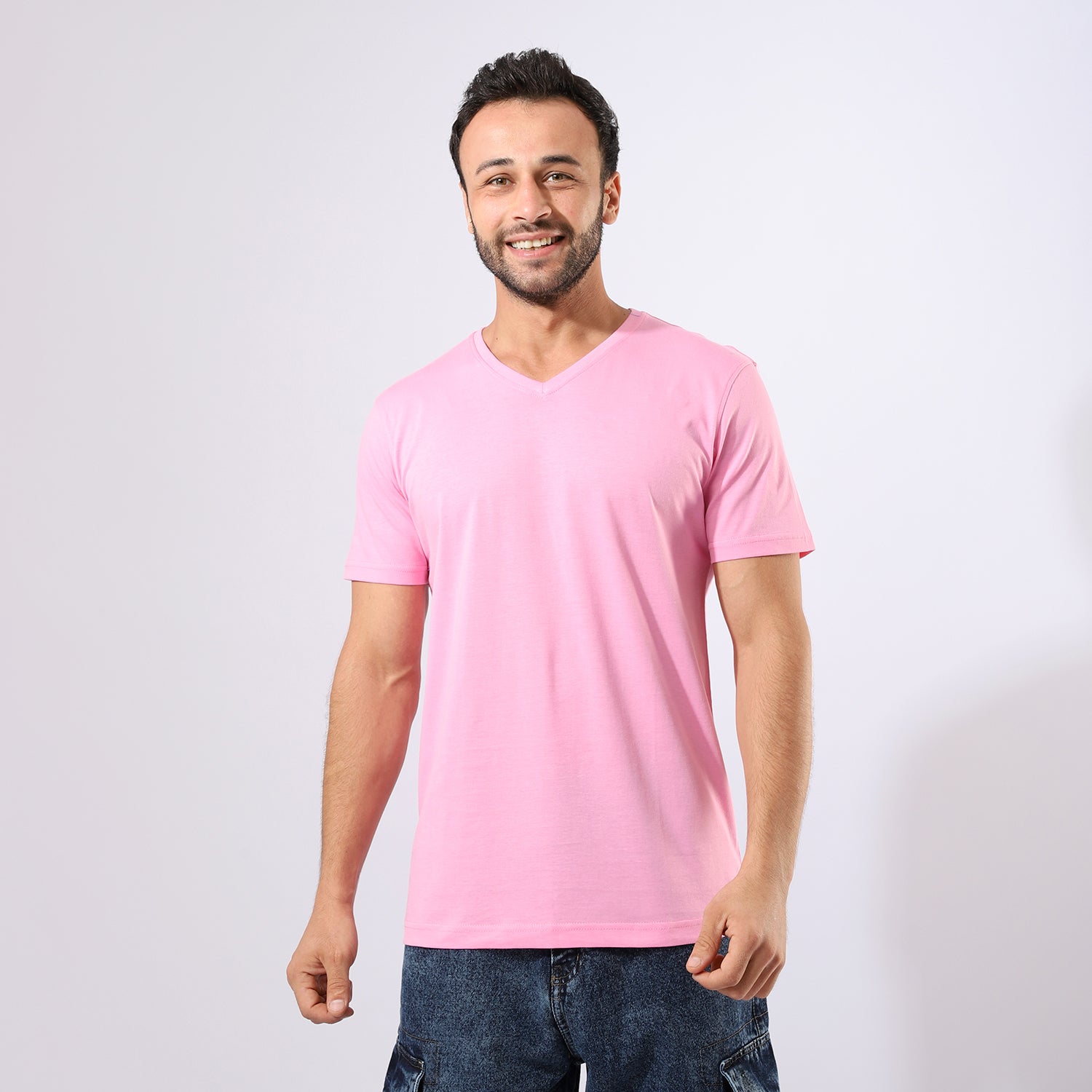 V Neck Plain Pink T-Shirt