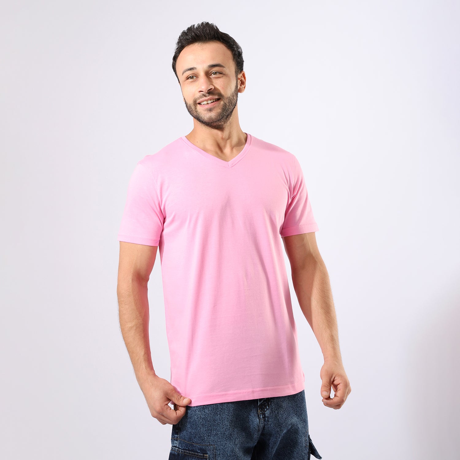 V Neck Plain Pink T-Shirt