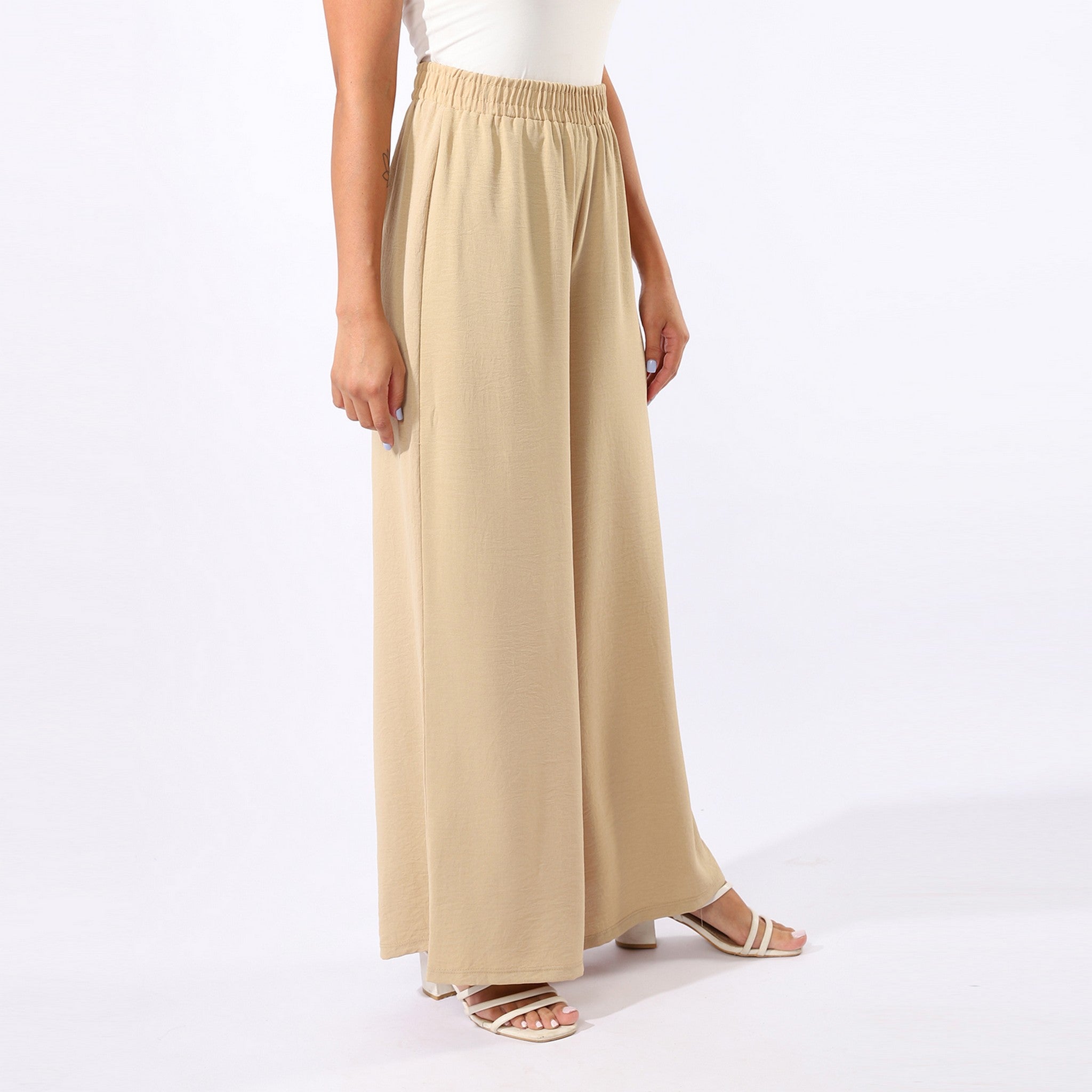 Plain Wide Leg Beige Pants