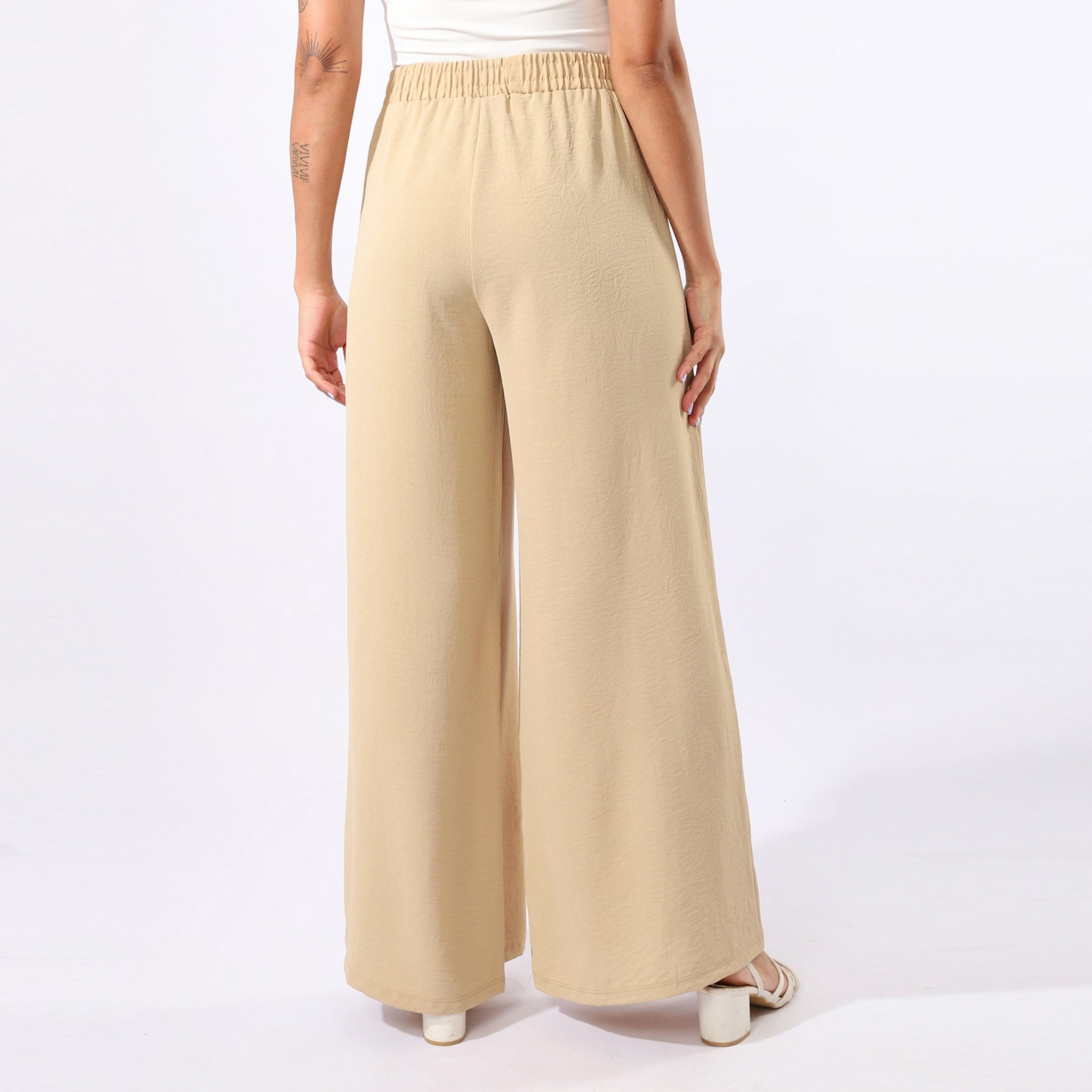 Plain Wide Leg Beige Pants