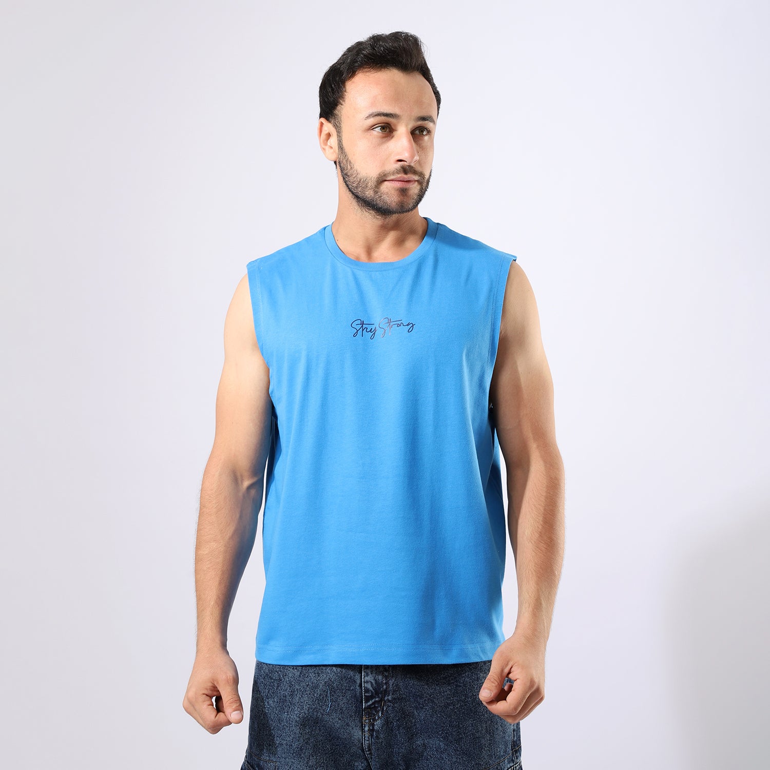 Stay Strong Print Blue Cut T-Shirt