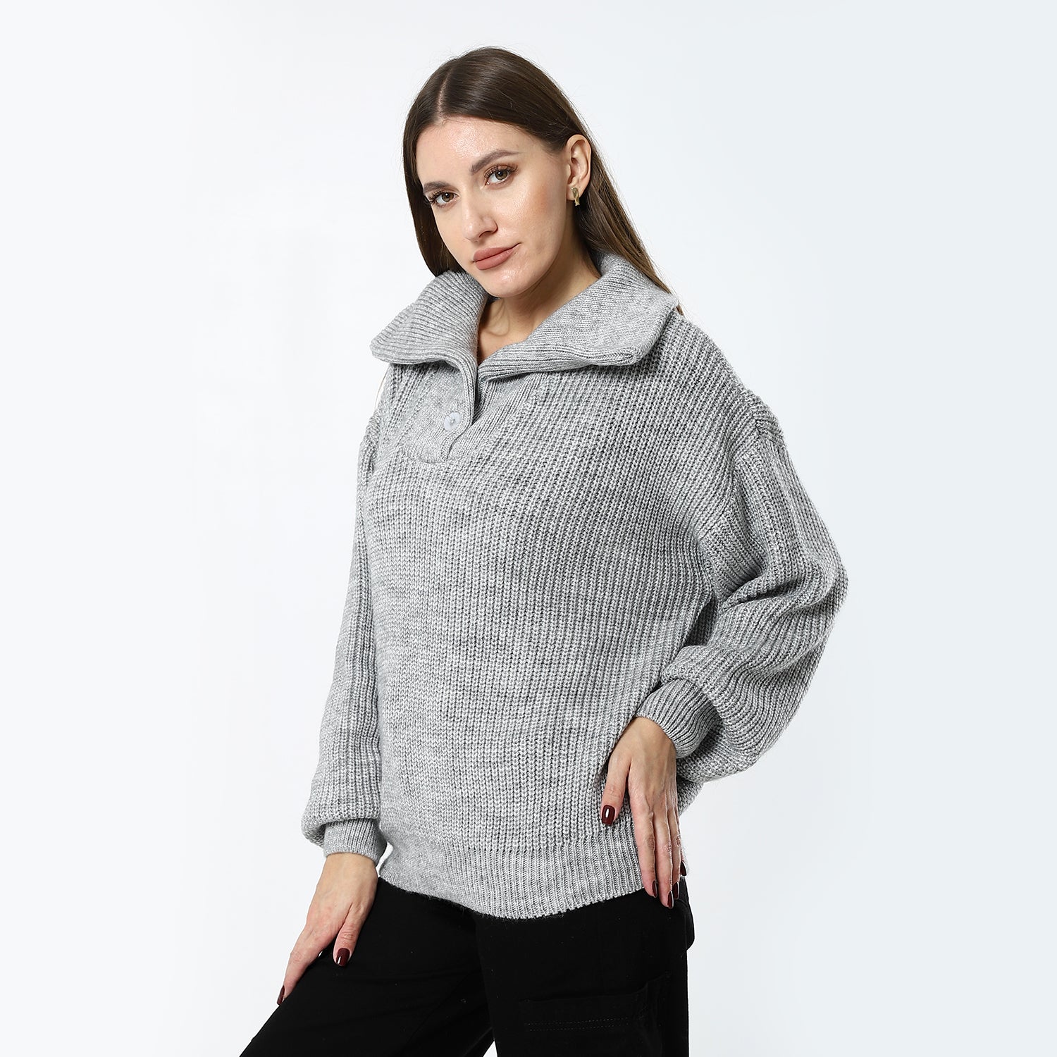 Sailor Neck Fisherman Knit Fossil Grey Sweater