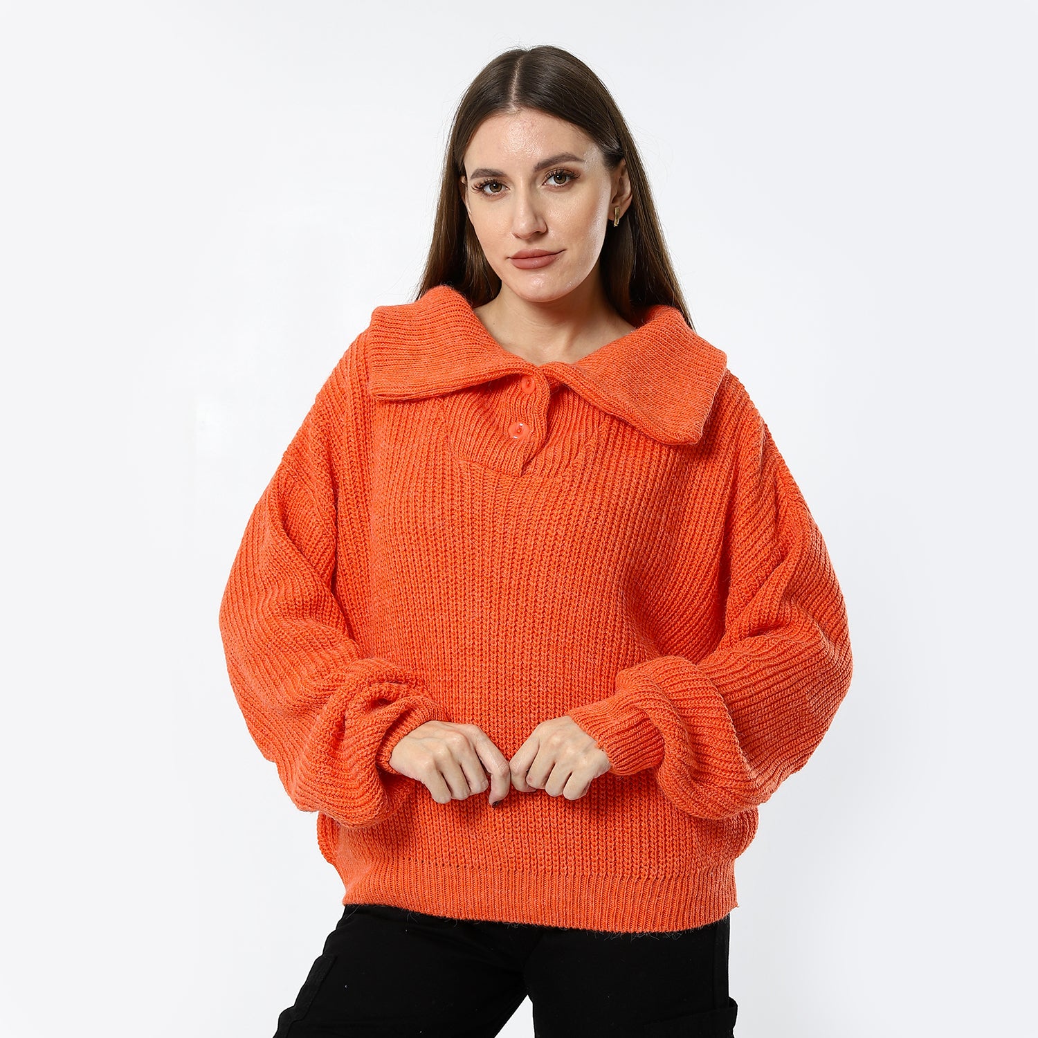 Sailor Neck Fisherman Knit Tiger Orange Sweater