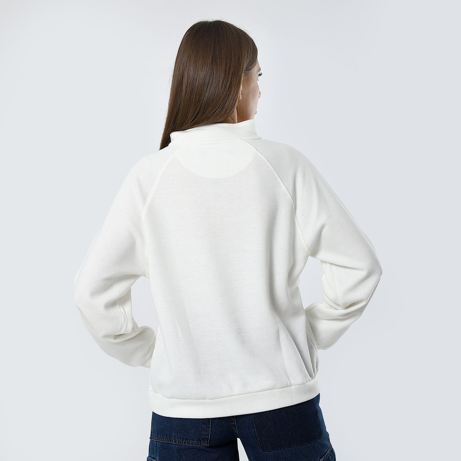 Pique Zipped Neck Thin Off-White Sweatshirt