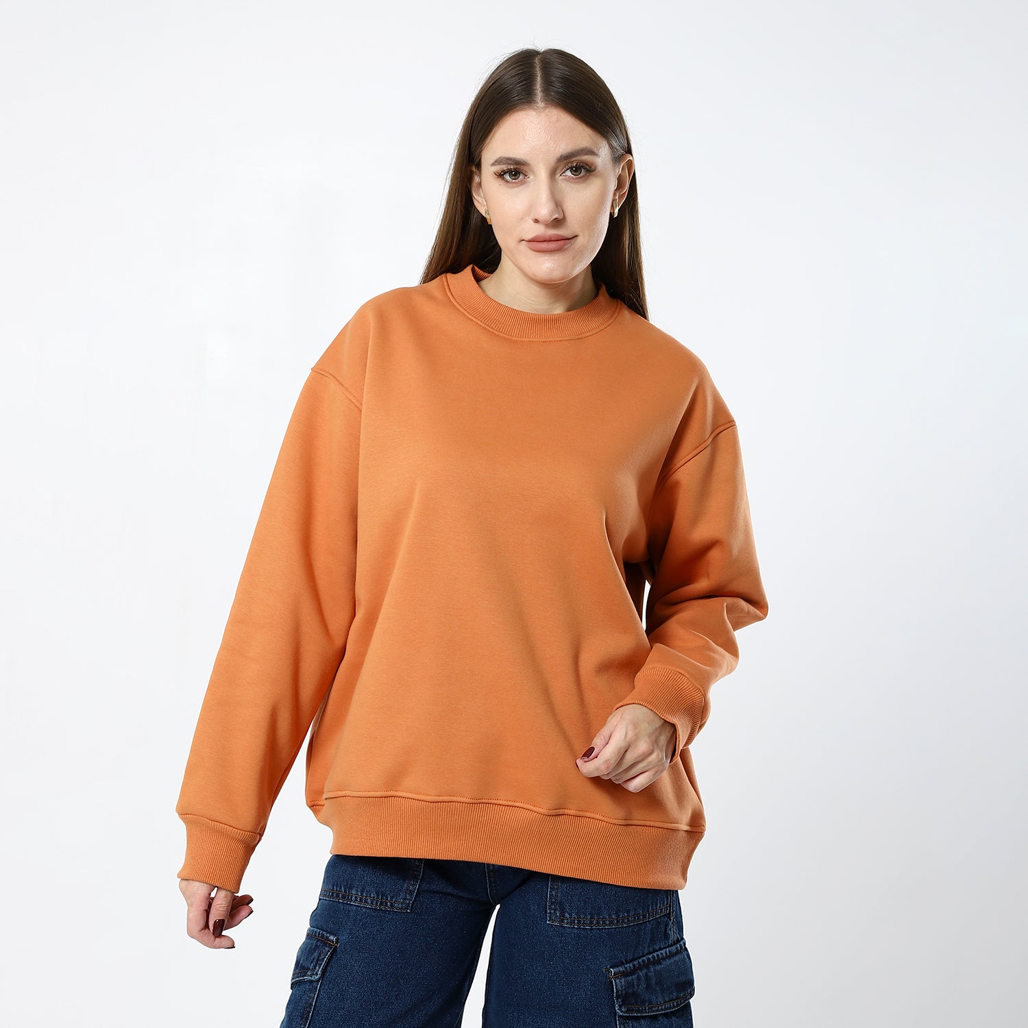 Persian Orange Plain Fleeced Loose Sweatshirt