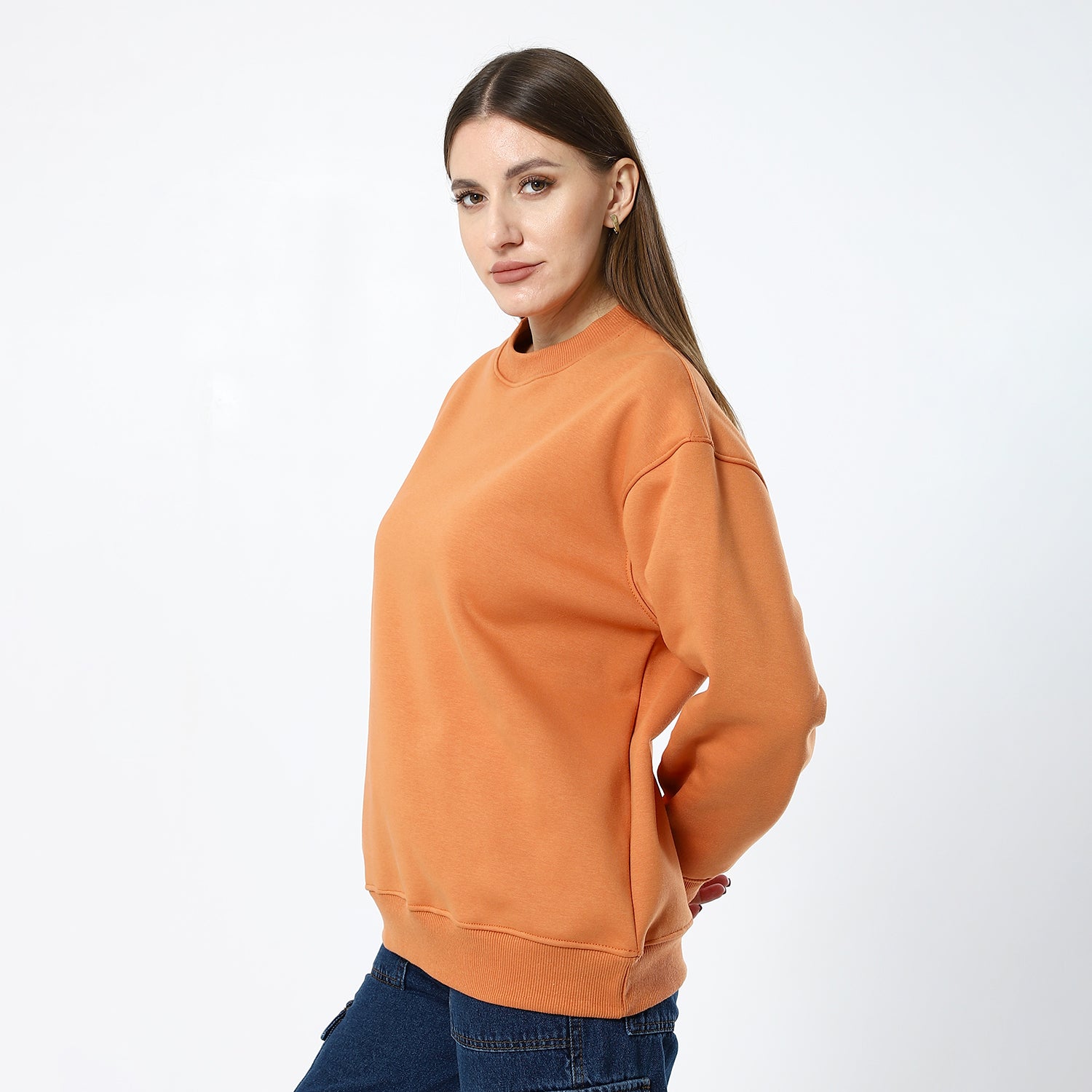 Persian Orange Plain Fleeced Loose Sweatshirt