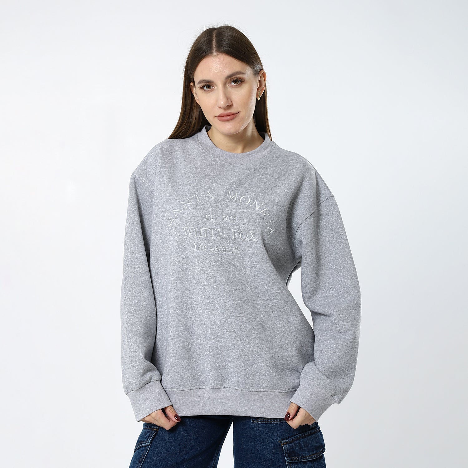 Fossil Grey Multi-Pattern Fleeced Loose Sweatshirt