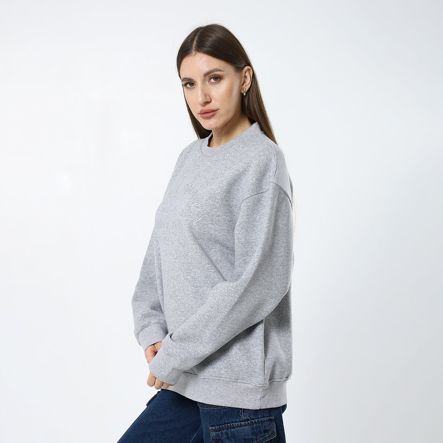 Fossil Grey Multi-Pattern Fleeced Loose Sweatshirt