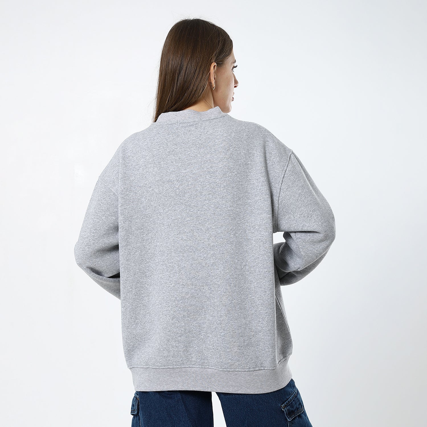 Fossil Grey Multi-Pattern Fleeced Loose Sweatshirt