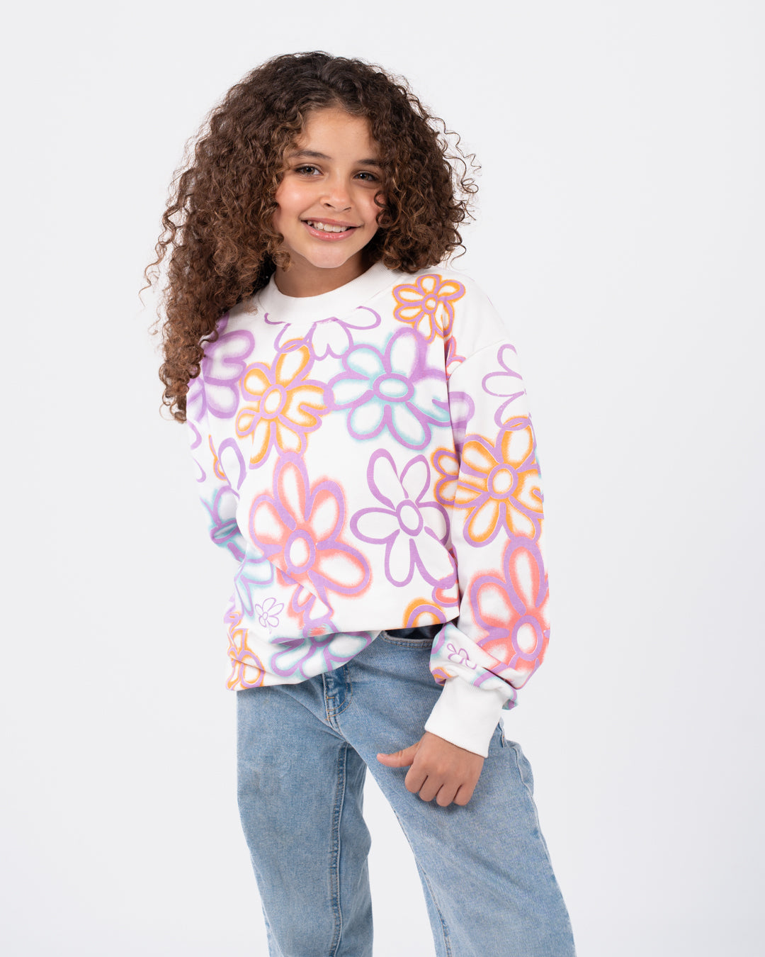 سويت شيرت مطبوع عليه زهور للبنات