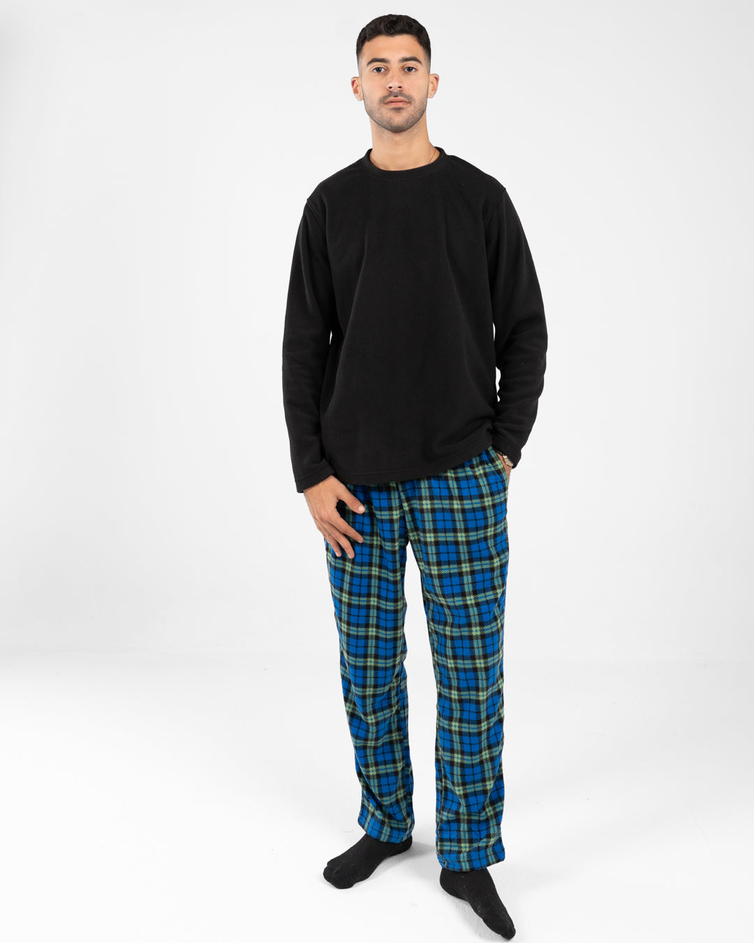 Men Pyjamas Plain Top and Plaid Pants