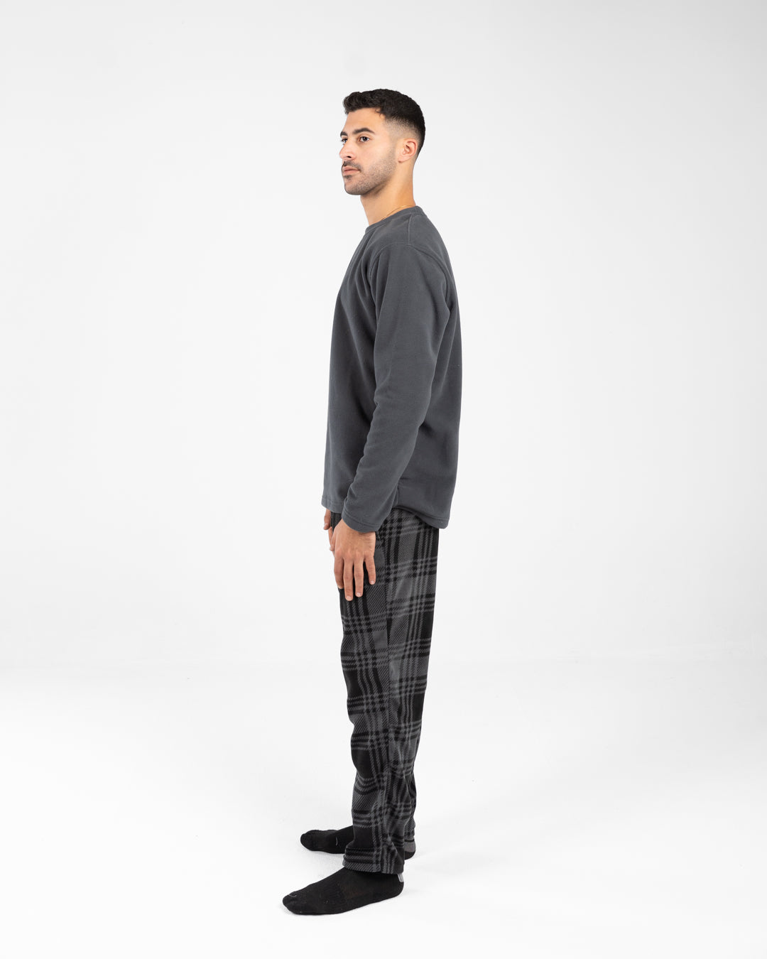 Men Pyjamas Plain Top and Plaid Pants