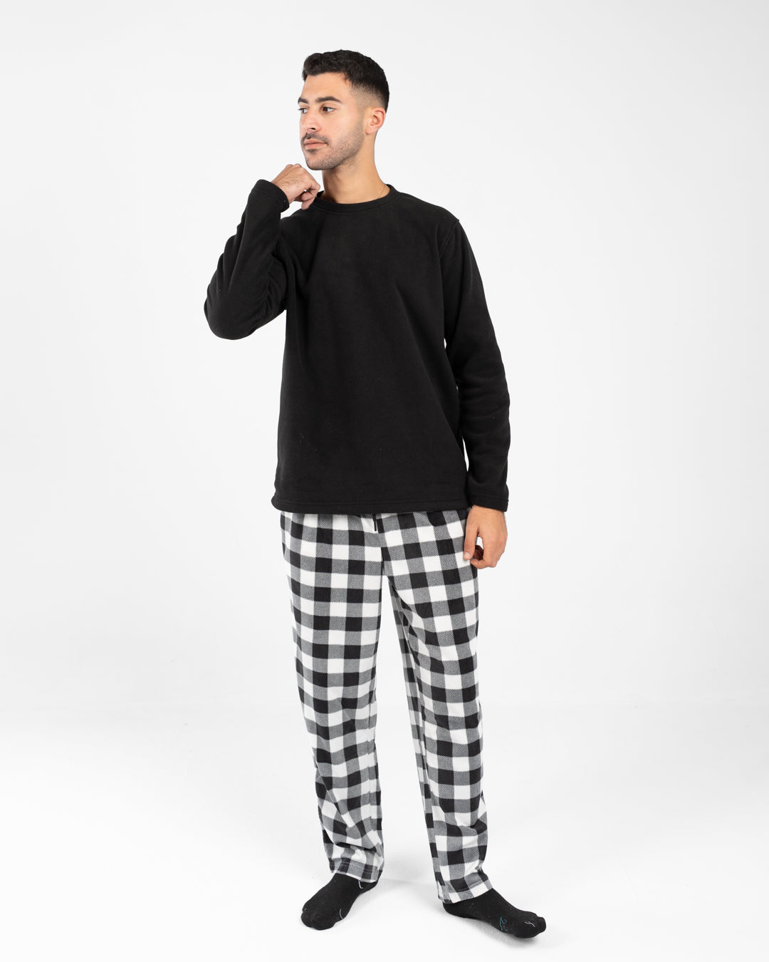 Men Pyjamas Plain Top and Plaid Pants