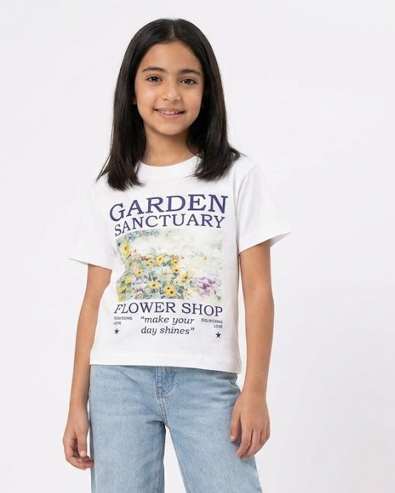 Girls Printed Garden Half Sleeves T-shirt