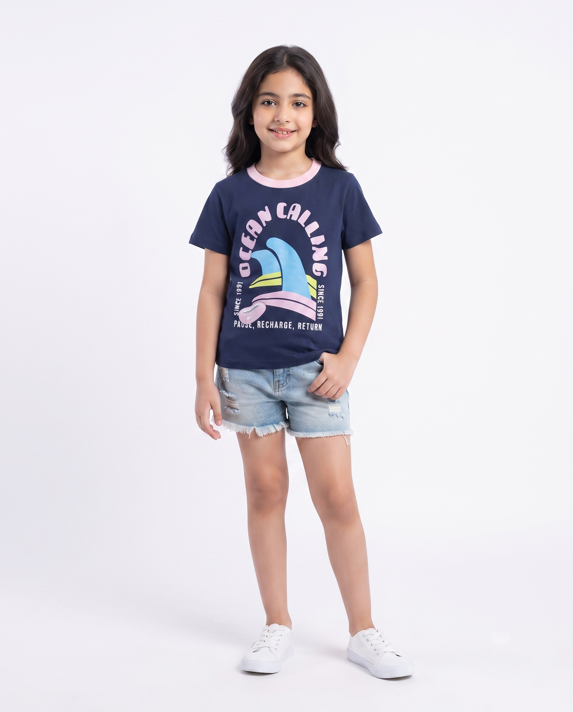 Girls Ptinted Ocean CallIng Half Sleeves T-shirt